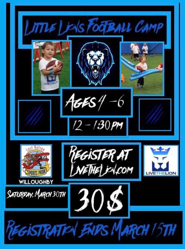 GGpassingCamp's tweet photo. Final 12 days to register for our LiveTheLion football and cheer camps coming on March 30th! We have camps for little ones ages 4-6 and we have camps for kids grades 1st through 8th grades! Don’t miss out on a great day of football and cheer!! #LiveTheLion https://t.co/Dl71r5iztT