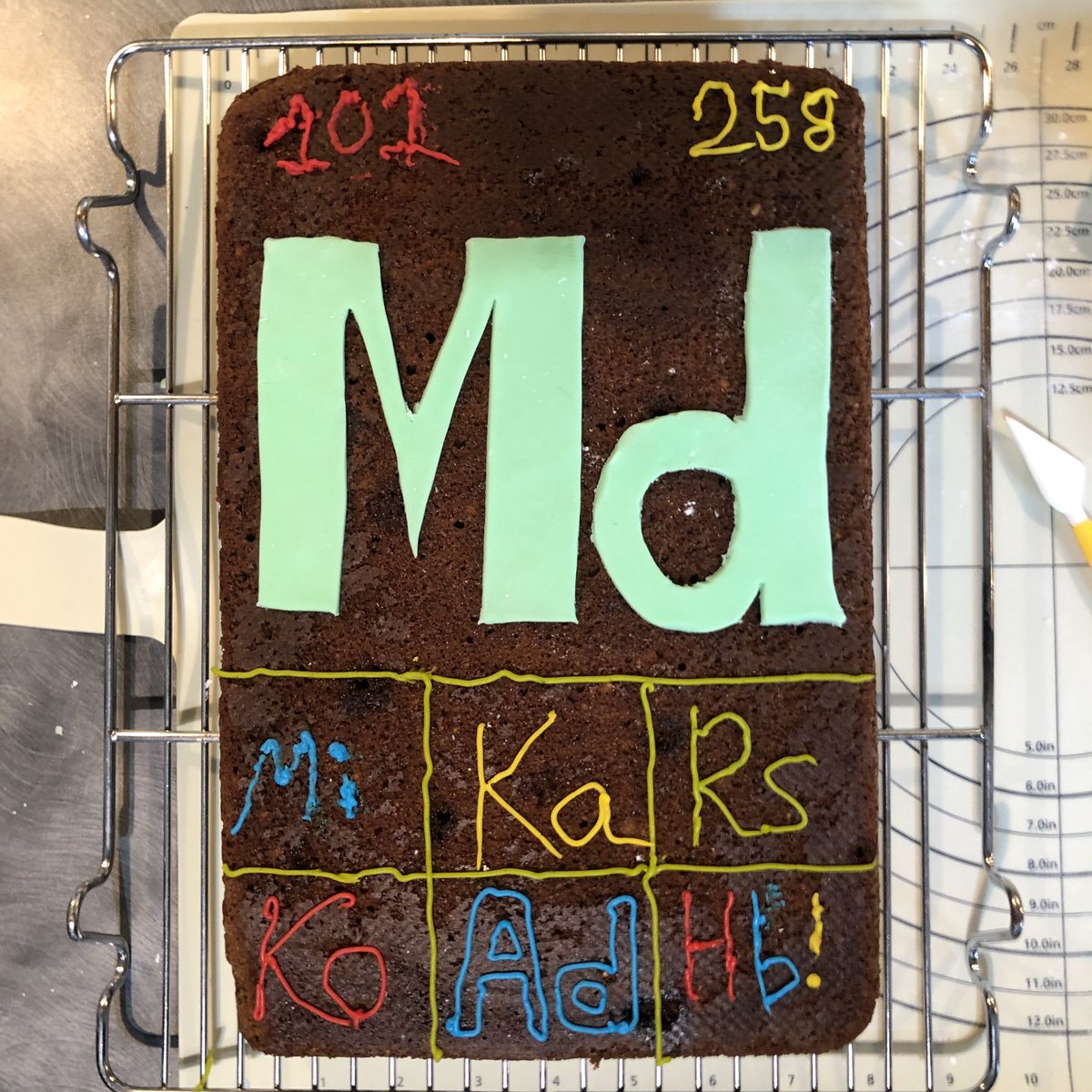 packetbroadcast's tweet image. Super proud of my 6yr old daughter who designed and made this cake with me to celebrate the 150th birthday of the #PeriodicTable. Md, in honour of the creator #Mendeleev other ‘elements’ are family member names! Inspired by @AsapSCIENCE 🙏