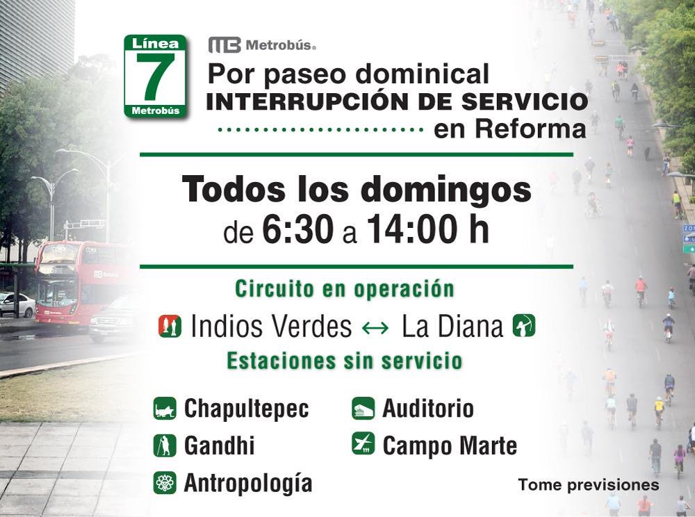 lajornadaonline's tweet photo. El @MetrobusCDMX recuerda el cierre en cinco estaciones de la Línea 7 todos los domingos por paseo dominical. 
Tome precauciones. https://t.co/YRL2L6VEyc