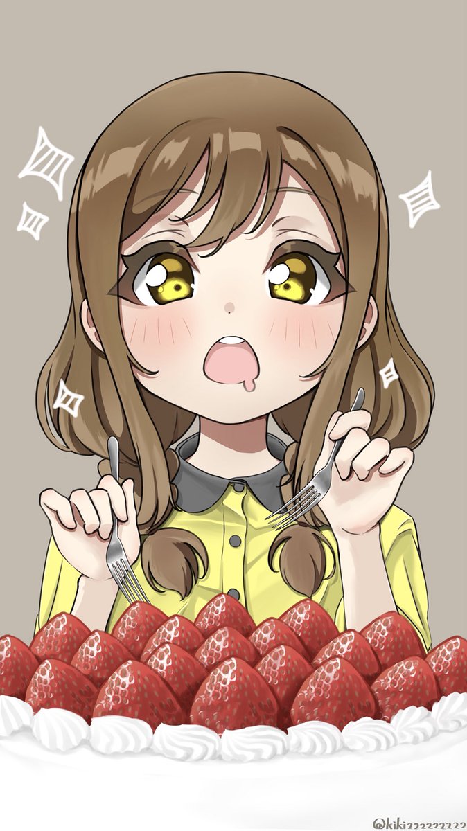 kunikida hanamaru 1girl food solo brown hair strawberry fruit fork  illustration images