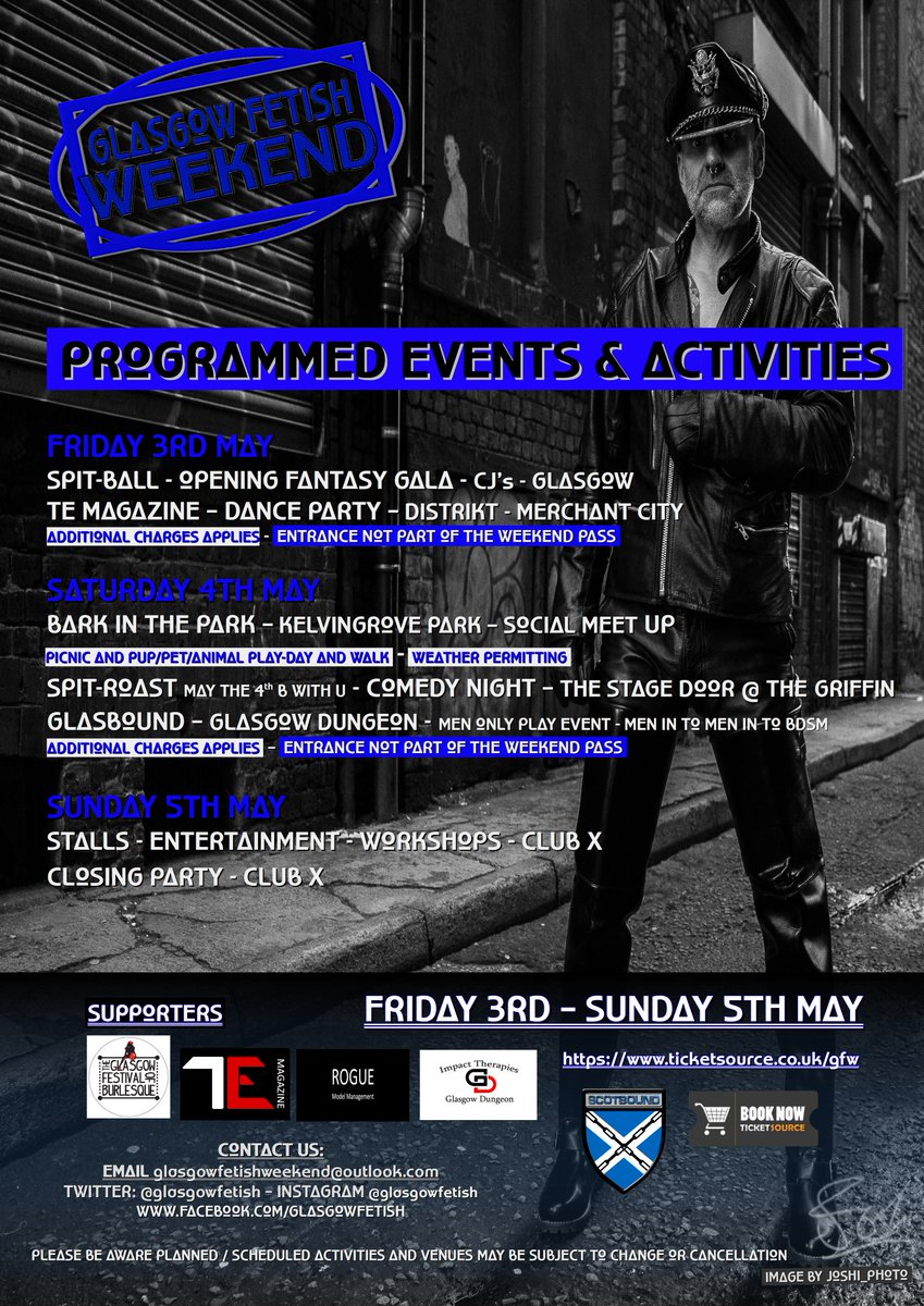 GlasgowFetish's tweet photo. As promised. Here's the planned programmed events and activities for the @GlasgowFetish Weekend
Tickets &amp; weekend passes available from https://t.co/93MikARhW4

#Glasgow #Glasgow2019 #glasgowfetish #gfw #fetish #events #event #fetishevent #WhatsOn #gayfetish #gay #Mixed #weekend https://t.co/OE7yZd90OT