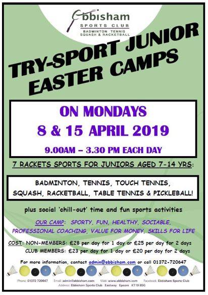 Book now for our TRY-SPORT EASTER JUNIOR CAMPS on Mondays 8 &amp; 15 April, 9am-3.30pm. Only £28 for one day or £50 for both.
Learn 7 different racket sports with our friendly, professional Club Coaches. Great for beginner and improver juniors aged 7-14 yrs! Spaces fill up fast!