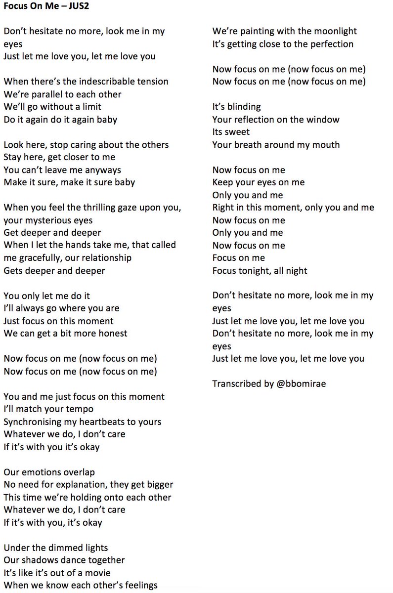 Got7forever Eng Focus On Me Jus2 Lyrics Official English Lyrics Are Uploaded Onto The Youtube Video Already So I Ve Transcribed It Will Do My Own Trans Later Got7