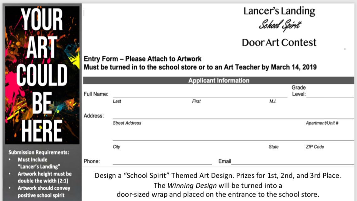 Calling all artists and creative minds! Don’t have to be in art! Open to all. #connectedlancer #lancerslanding #newdoordesign #artcontest