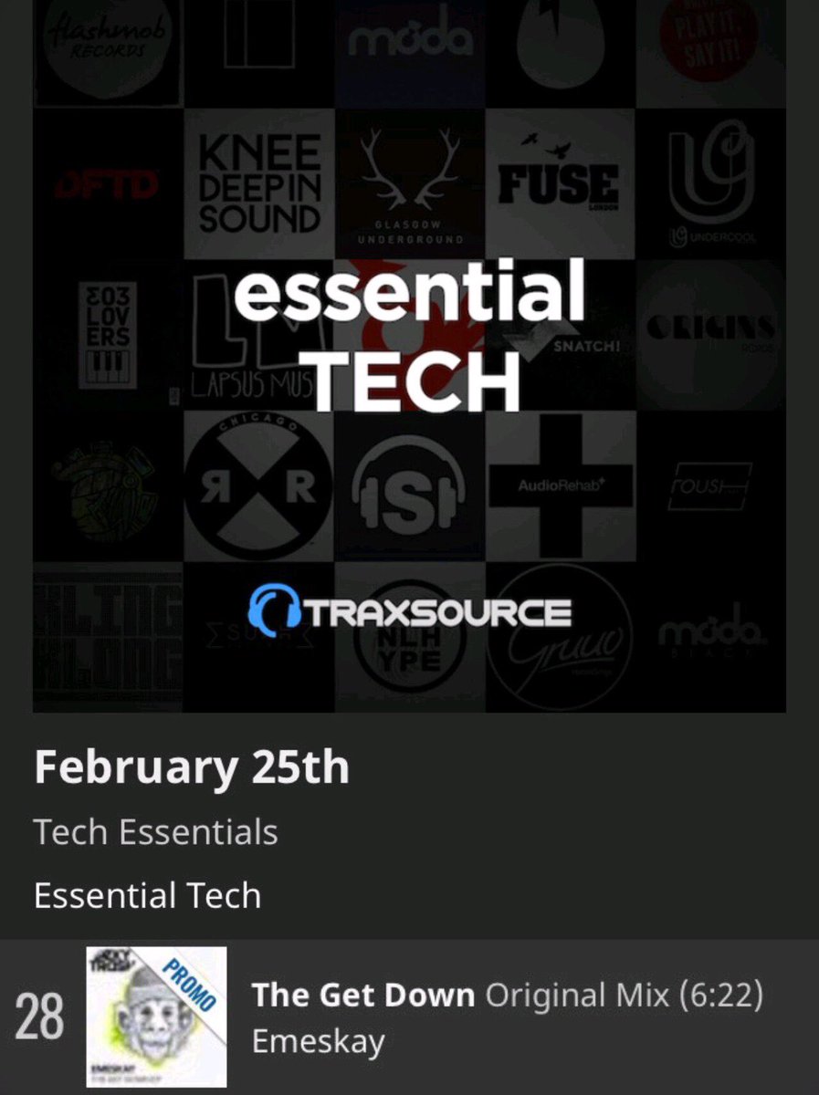 More support from <a href="/traxsource/">Traxsource</a> for <a href="/_Emeskay_/">Emeskay</a> latest release on the label, #28 in their essential TECH chart 🙏🏻

T1 - The Get Down # (14 Tech House Top100)

T2 - Hold up # (82 Tech House Top 100)

Thanks for the support ✌🏻
