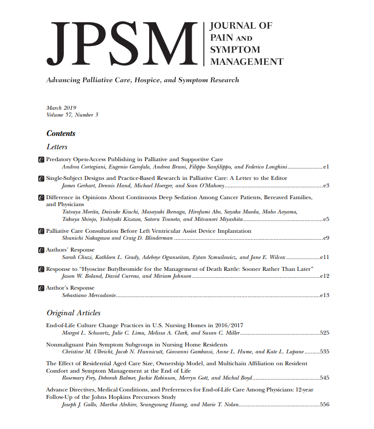 JPSMjournal's tweet photo. The March Issue of the @JPSMjournal is out! https://t.co/Y2BRax0uVh
Topics covered: Predatory publishing in #PalliativeCare, #LVAD, Palliative Sedation, #EoL in Nursing Homes, Symptoms in Renal Disease #NephPal, Spirituality, Adv Care Planning, Methadone & more!
#hpm #hpm19 https://t.co/FvDTuexh2D