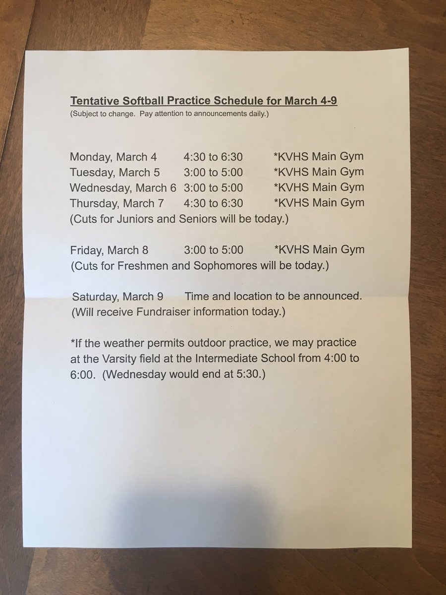 kvsoftball's tweet photo. KV softball tryouts start tomorrow!! Attached is the practice schedule for the week. Pay attention to updates to where practices will be and be prepared!!⚾️🐾 #GetBetterEveryday #kougs https://t.co/cjcZ3YZ7cd