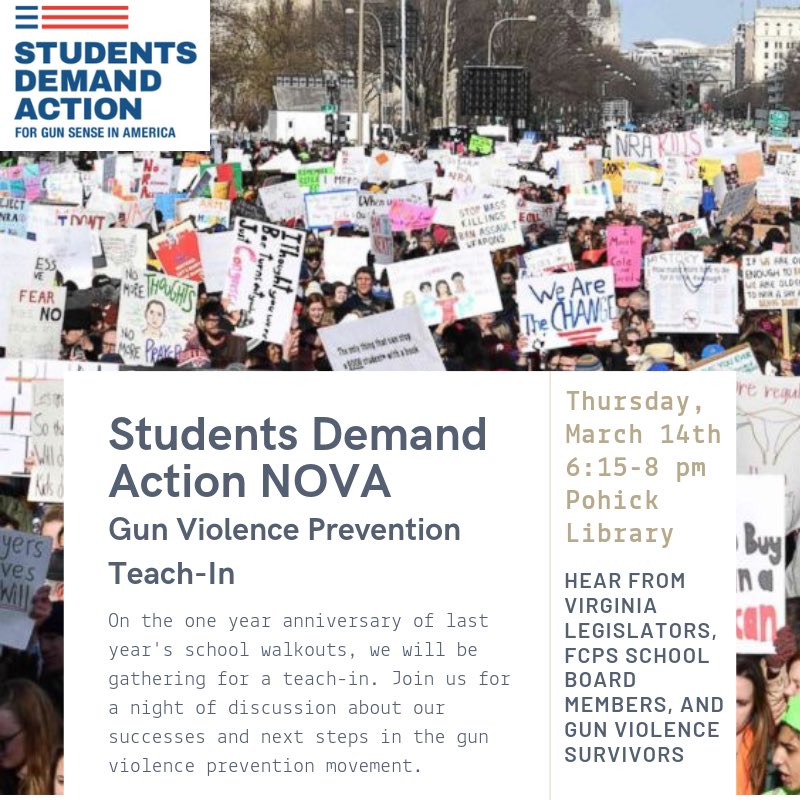 sda_nova's tweet photo. On the year anniversary of last year’s walkouts, we will be gathering for a teach-in. Join us to hear from some great speakers. All are welcome! #StudentsDemandAction https://t.co/LPWrTlG40U