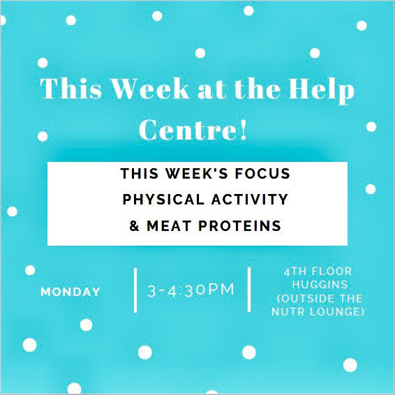 AcadiaNutrition's tweet photo. The @AcadiaU @AcadiaNutrition Help Centre is open Monday, March 4 from 3- 4:30 pm. Join TA @Lydia_Acadia in #HugginsScienceHall 416 for a focus on both physical activity &amp; meat proteins or come w/ questions. Note time change b/c of  SND Advising Session 📚 https://t.co/9V2Z9gTu2h