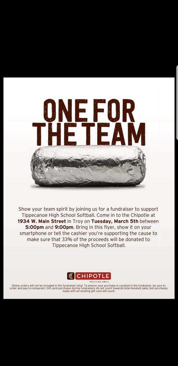 TippFastpitch's tweet photo. On Tuesday, March 5th Chipotle will be hosting a fundraiser for our program, 5:00-9:00 PM. Please consider helping us out and taking the night off from cooking. #nocooktuesday #newtradition @TippecanoeAD https://t.co/fCWty5s1gR