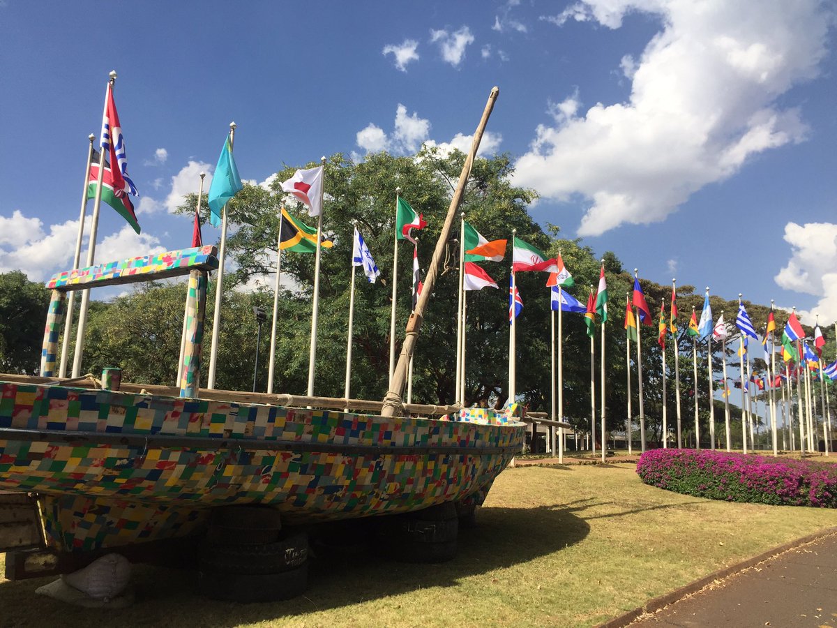 The @theflipflopi boat has made its way to the United Nations Office in Nairobi. A great example of the #PlasticRevolution welcoming delegates to the UN Environment Assembly @UNEnvironment