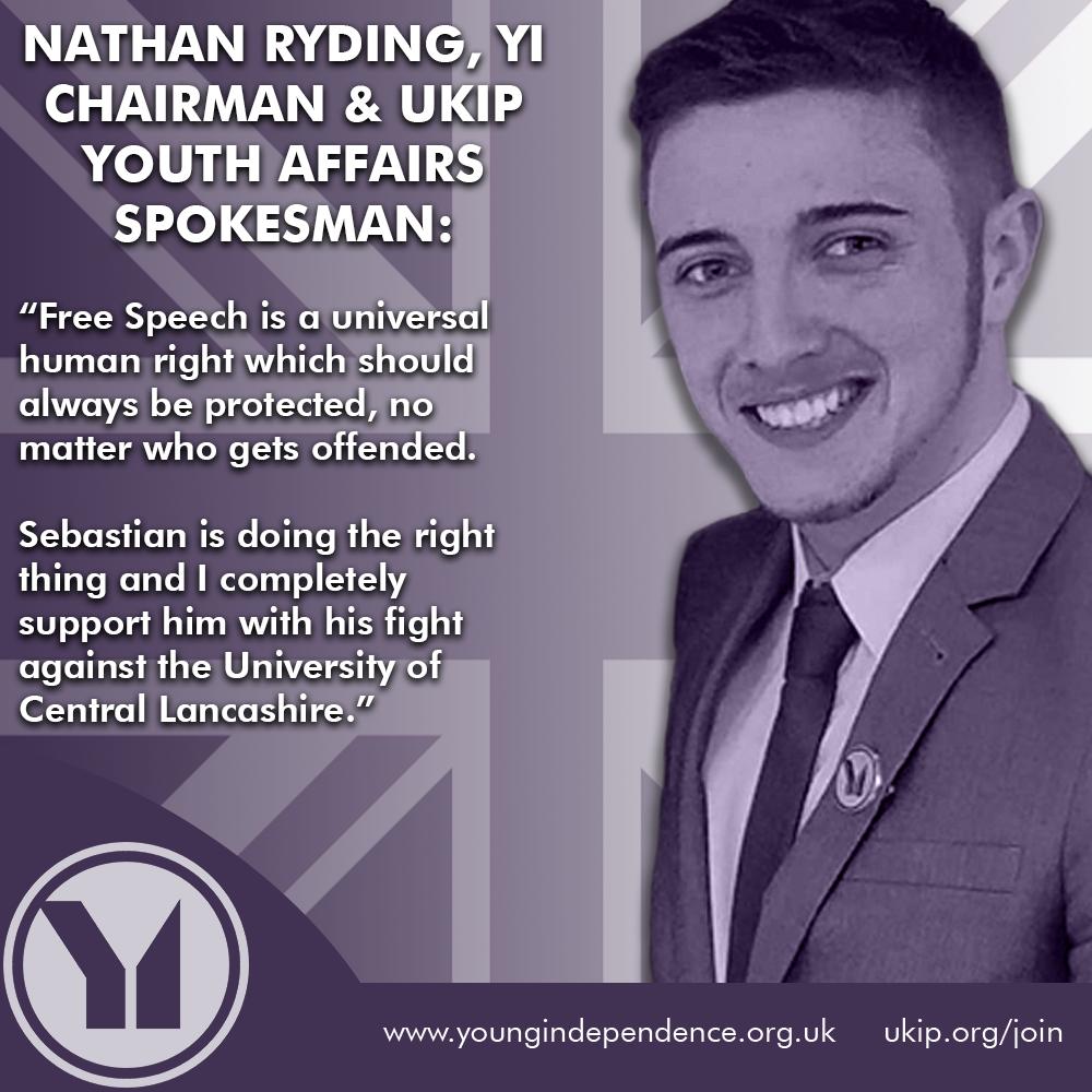 YIofficial's tweet photo. YI Chairman &amp; UKIP Youth Affairs Spokesman @NathanRyding_ is supporting @realSeb_Walsh in his fight for free speech against @UCLan

Universities need to be told that free speech is vital for healthy debate and discourse! 👍

Donate to his court case here: https://t.co/VGLHOPTzLL https://t.co/MtaLeWsSgZ
