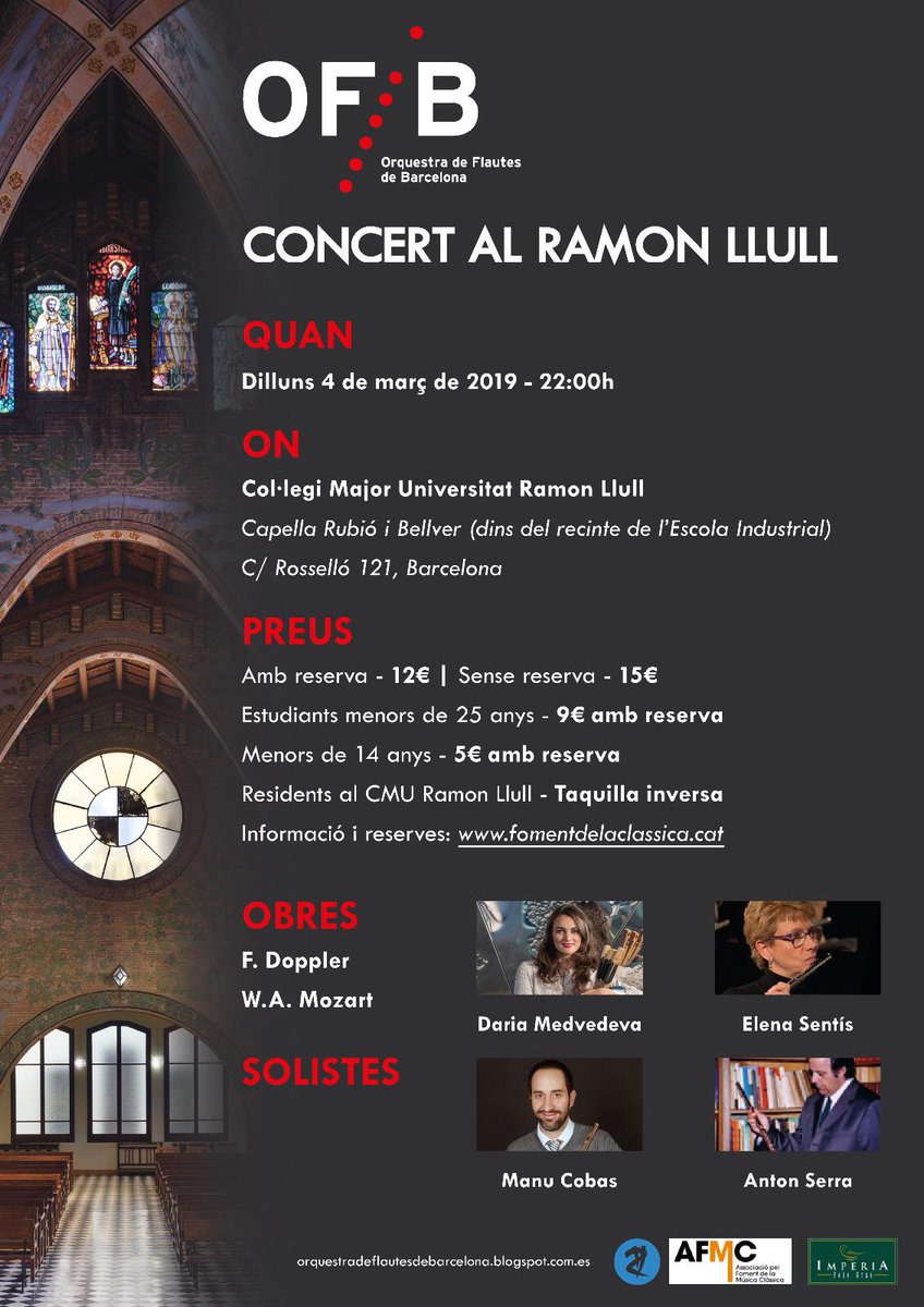 OFBarcelona's tweet photo. Dilluns 4/3/19 l'@OFBarcelona farà un concert molt especial amb solistes: @antonserrap, Daria Medvedeva, @ElenaSentis, @ManelCobas Serà a les 22h al Col·legi Major Universitari Ramon Llull 15€ @catalunyamusica @bcncultura @BCNClasica @AgendaConcertsC @AgendaCultura @TimeOutBCN https://t.co/qFdJkzMrFh