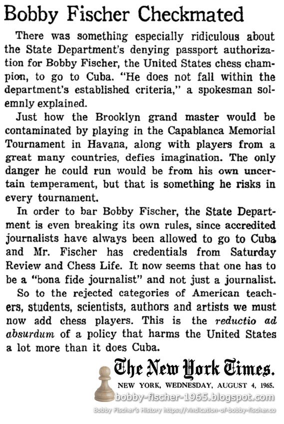 bobby_1965's tweet photo. The New York Times New York, New York Wednesday, August 04, 1965

Bobby Fischer Checkmated
There was something especially ridiculous about the State Department's denying passport authorization for Bobby...

https://t.co/v6tfkC6cGV

https://t.co/5b6zEBeQeA

https://t.co/QaF447diGW https://t.co/hfDZeihWoy