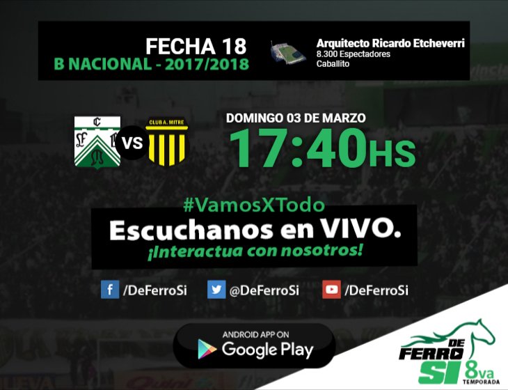 emicerezo's tweet photo. Hoy hacemos Ferro vs Mitre de Santiago del Estero desde las 17:40 por @deferrosi https://t.co/c5kYOTnCYz
El Verde va con: Bailo; Grana, Gaby Díaz, Mariatti, Lucas Ferrari; Nico Gómez, Fer Miranda, Laucha Torres, Busse; Bordacahar y Enzo Díaz.
#JuegaFerro #DeFerroSi #BNacional https://t.co/TyidRx37sh