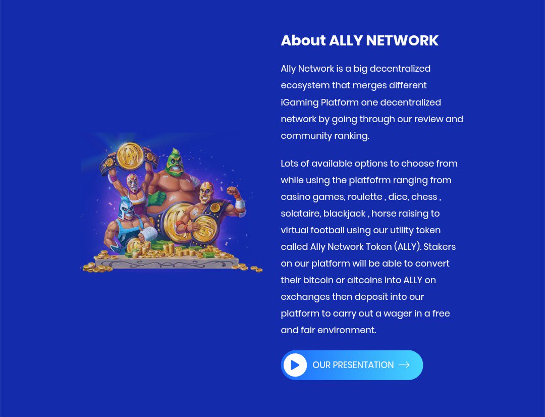 network_ally's tweet photo. Ally Network is a big decentralized ecosystem that merges various kind of igaming events into one decentralized network.

Ally Network also serves as a review platform for future iGaming platforms to be launched by decision made by our community https://t.co/jwfWEijTxk