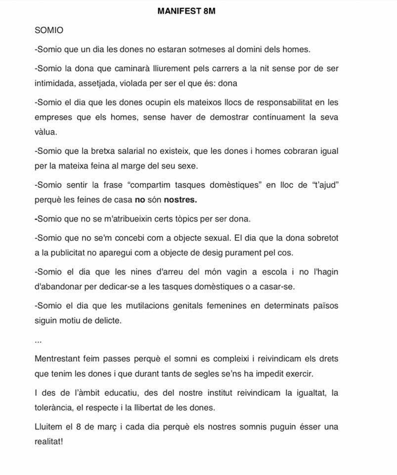 Manifest elaborat per alumnes de quart d'ESO de l'IES La Ribera per llegir dia 7 de març ✊💜.  #FeminismeALEscola #8M #SocCentreAdherit #SetmanaFeminista19 #CoeducacioACasa