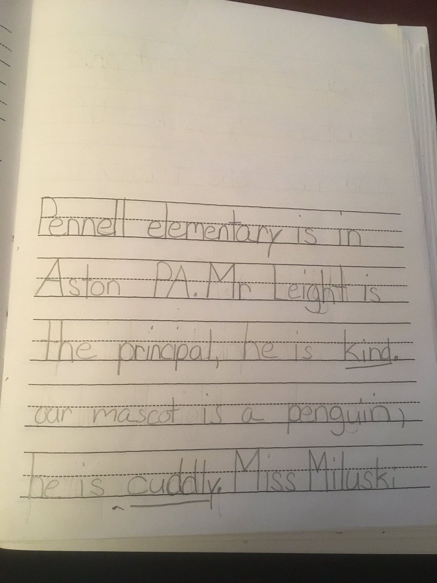 missmiluski's tweet image. I’m learning so much from my student’s writing homework! Mainly that Pennell has a great principal, cuddly mascot, and yummy pizza!! #adjectives #sundaygrading #imformationalwriting #PennDelcoProud @MrLeightEdu