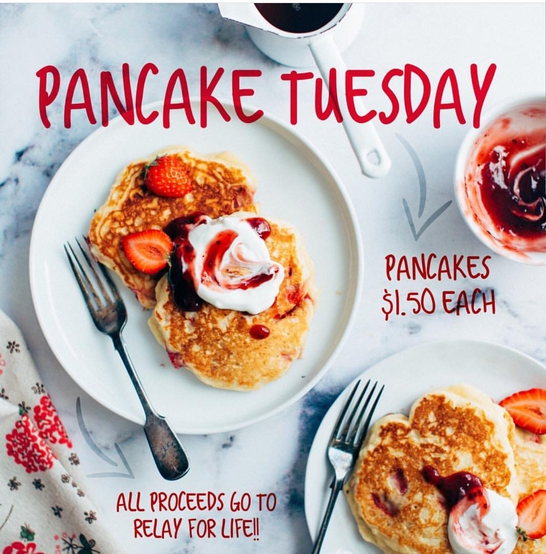 SacredRelay's tweet photo. CRU! Pancakes will be sold this Tuesday, in the morning and during all lunches, for $1.50 each! @HumansOfSacred is teaming up with Sunset Grill - and all the proceeds will go to the Canadian Cancer Society, and our Relay for Life goal next year! 🥞💜 https://t.co/85ExNaxXkL