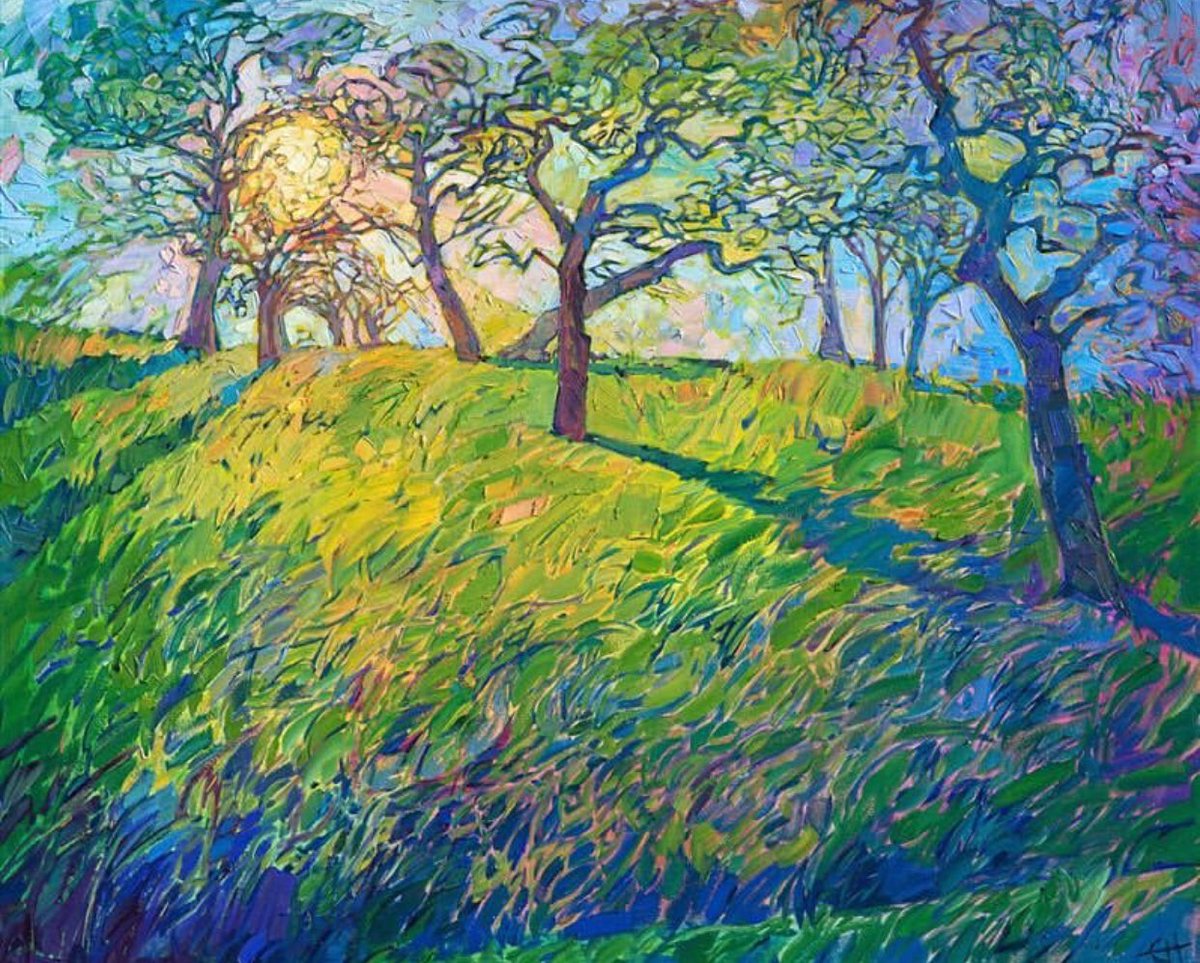 EyauukArt's tweet photo. Erin Hanson’s loose impressionistic brushstrokes capture the light from the low sun on the horizon at Paso Robles, California. #eyaErinHanson 
https://t.co/ZCfLRcpebf 
“Emerald Shade” #Landscape https://t.co/cF0KFfgGSx