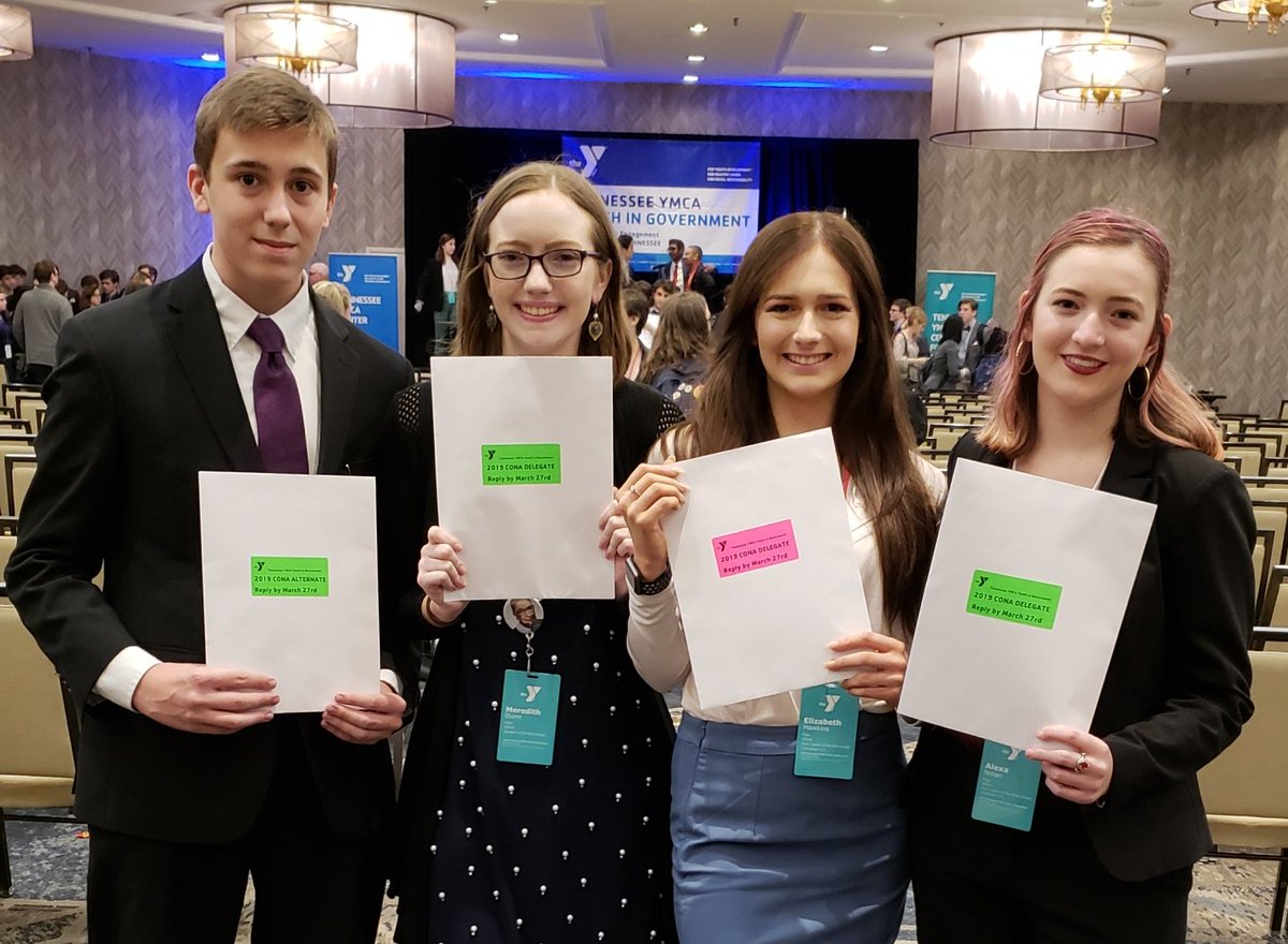 wcsPHSkd's tweet photo. These Page High students received the prestigious honor of being selected as delegates to the YMCA Conference on National Affairs.  Blaine Bushnell (alternate), Meredith Dunn, Elizabeth Hawkins, &amp; Alexa Nolan. Only 25 from TN are chosen for this honor! @wcsPHSsp @PHSBooster https://t.co/SsyjPA6QIb