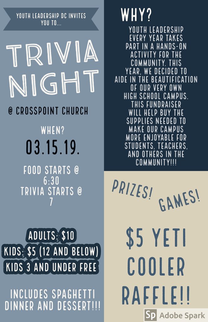 Coming up on March 15th, we will be hosting a trivia night for the community at Crosspoint Church! Tickets are $10 for 13 and up. WE WOULD LOVE TO SEE YALL THERE!!!! 💙💙💙