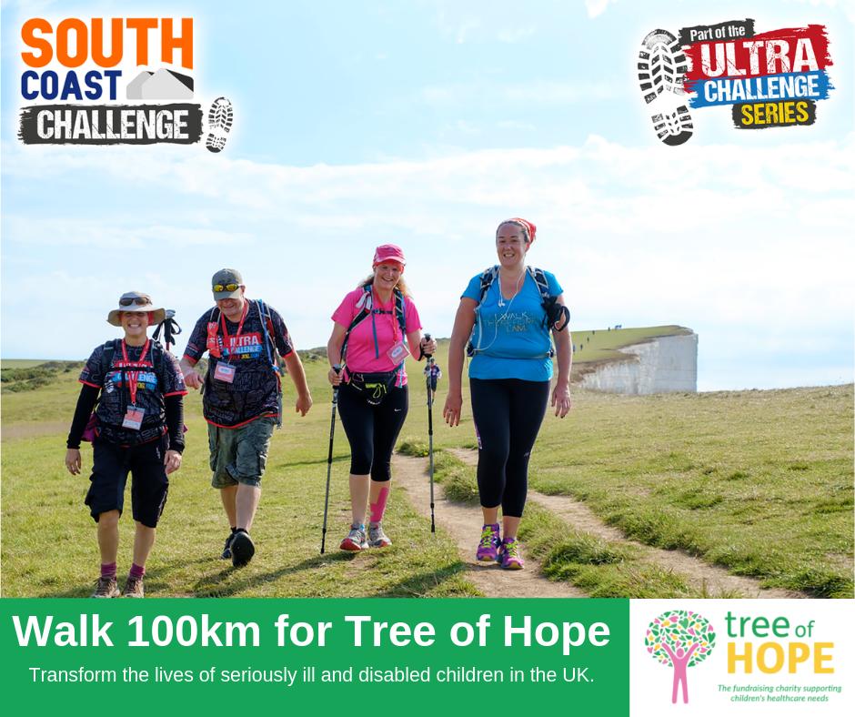 TreeofHopeCC's tweet photo. Will you join #TeamTreeofHope in the South Coast 100km Ultra Challenge? Take on the the mammoth walk and raise funds to enable us to support many more seriously ill and disabled children across the UK. Sign up on our webs#100kmwalk #ultrachallenge #charitychallenge https://t.co/2tX5S9ZpI7