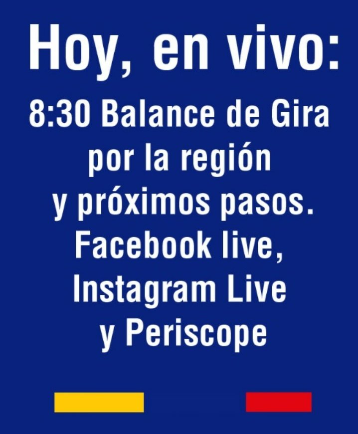 jguaido's tweet image. ¡Venezuela a difundir! 

Esta noche, a las 8:30 pm, daremos un balance de nuestra gira por varios países de América del Sur y anunciaremos próximas acciones

¡Todos atentos a mis redes sociales!