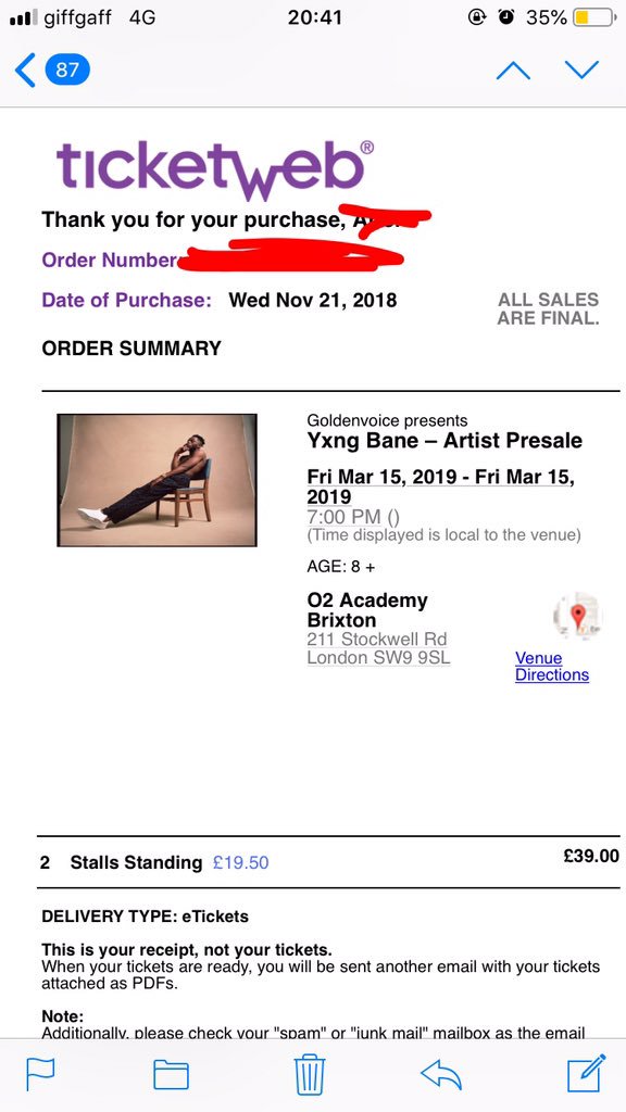 2 Yxng Bane tickets for sale , at O2 Brixton academy 
£25 each 
#yxngbane #o2 #brixtonacademy