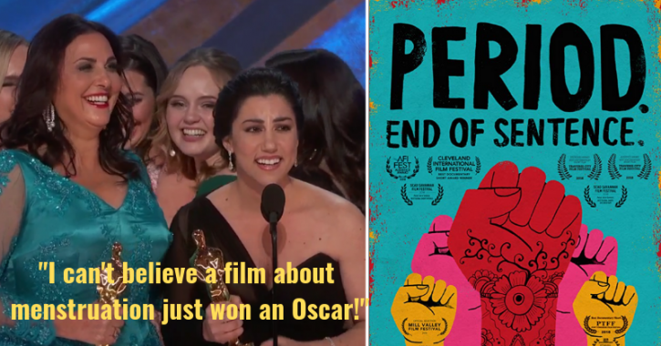 Congratulations to the short film/documentary, #PeriodEndOfSentence for winning the #Oscars for #BestShortDocumentary! The film profiles women in an Indian village who are fighting the stigma surrounding menstruation by banding together to manufacture affordable menstrual pads.