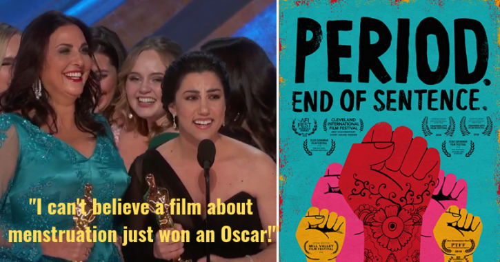 FREDONIAFlo's tweet photo. Congratulations to the short film/documentary, #PeriodEndOfSentence for winning the #Oscars for #BestShortDocumentary! The film profiles women in an Indian village who are fighting the stigma surrounding menstruation by banding together to manufacture affordable menstrual pads. https://t.co/6Uibh7tXxT