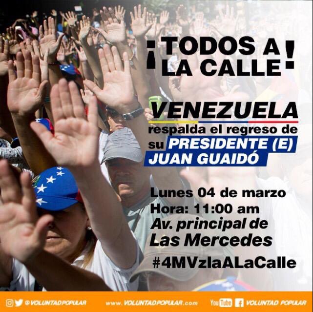 Venezuela, vamos bien porque vamos con todo! Este lunes #04Mar todos los venezolanos tomamos las calles para continuar con la presión y la exigencia de una Mejor Venezuela. ¡Vamos todos a conquistar nuestra libertad!
#4MVzlaALaCalle