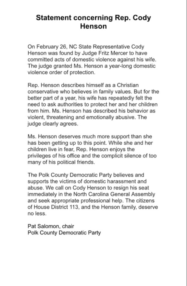 SusannahHogan's tweet photo. Family values? Polk Co NC response to NC Rep Cody  Henson’s behavior regarding allegations of domestic abuse. #ncleg #ncga @CodyHensonNC @NCDemParty @NCIndiv https://t.co/LTlrfcHFXr