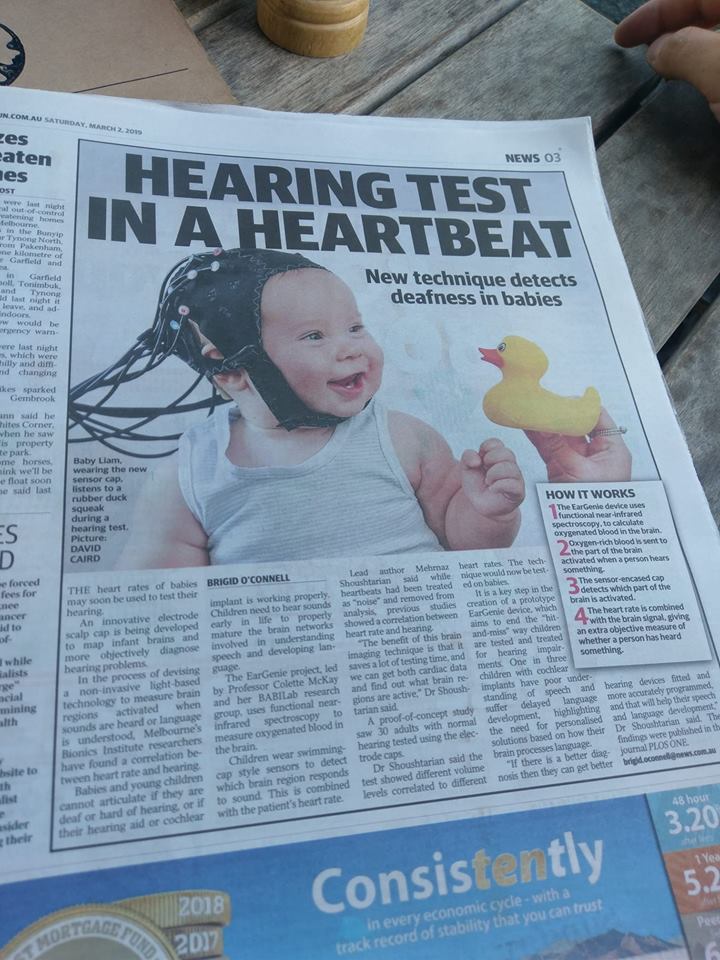 BionicsInst's tweet photo. To measure #hearing, listen to your heart.
That's what our researchers have been doing to develop a hearing test for babies. Heart rate can be used to determine hearing rangeβan important discovery for #babies who can't communicate to their audiologist. https://t.co/MY0yr76utP https://t.co/fhZxa72A7c