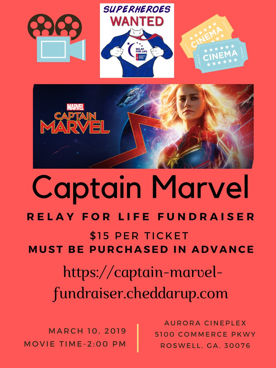 Dolvin Relay 4 Life (@teamdolvinrfl) on Twitter photo Come join us to watch Captain Marvel and support <a href="/RelayForLife/">RelayForLife</a> and <a href="/AmericanCancer/">American Cancer Society</a>! March 10th at 2pm at Aurora Cineplex. Purchase your tickets today!! Help be a hero to those fighting Cancer! #Irelaywhatsyoursuperpower Come join us to watch Captain Marvel and support <a href="/RelayForLife/">RelayForLife</a> and <a href="/AmericanCancer/">American Cancer Society</a>! March 10th at 2pm at Aurora Cineplex. Purchase your tickets today!! Help be a hero to those fighting Cancer! #Irelaywhatsyoursuperpower