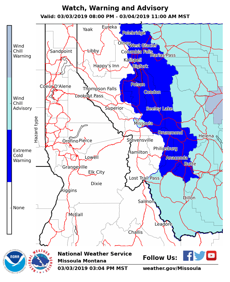 NWSMissoula's tweet photo. An *EXTREME COLD WARNING* is in effect from 8 pm tonight through 11 am Monday for areas near the continental divide. Local power outages and broken pipes will be possible tonight into Monday morning! See attached graphics for expected Monday morning low temperatures. #mtwx 🥶 https://t.co/0wv3fmeSWh