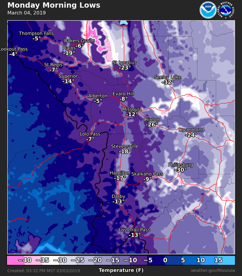 NWSMissoula's tweet photo. An *EXTREME COLD WARNING* is in effect from 8 pm tonight through 11 am Monday for areas near the continental divide. Local power outages and broken pipes will be possible tonight into Monday morning! See attached graphics for expected Monday morning low temperatures. #mtwx 🥶 https://t.co/0wv3fmeSWh