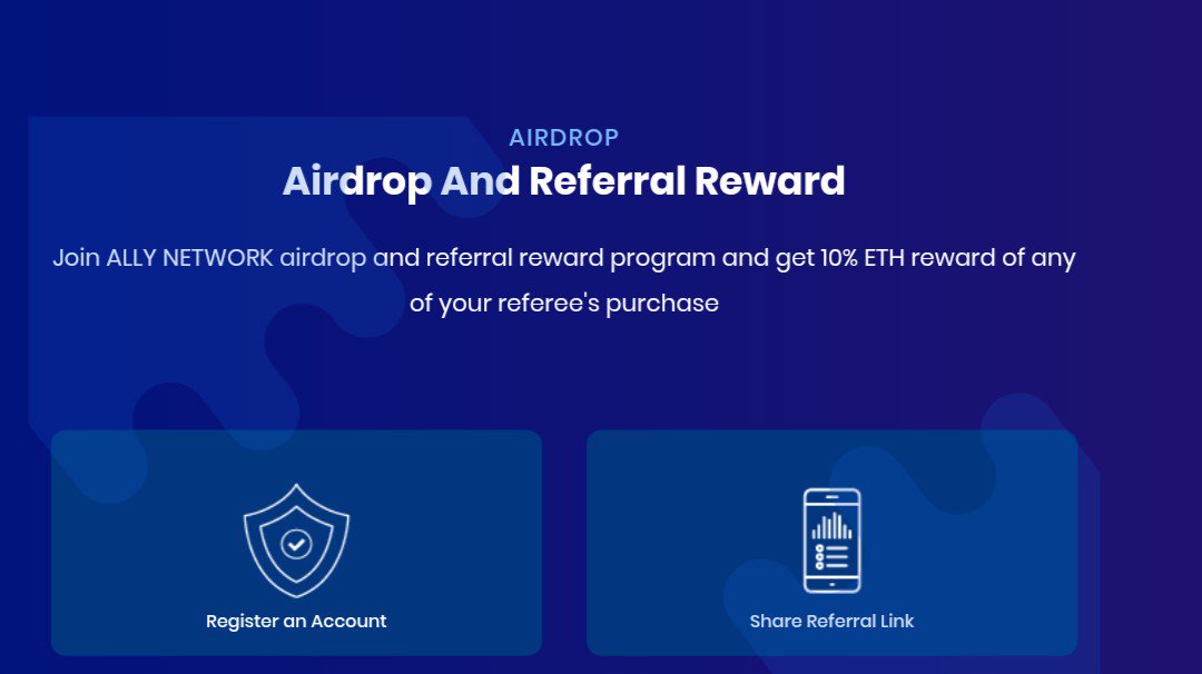 AIRDROP LINK: allynetwork.io/airdrop

REFERRAL CONTEST :
Invite your friends to buy ALLY and get 10% of their ETH purchase 

allynetwork.io 

go to your profile to view your referral link,  enter ERC20 compatible wallet in your profile section to receive bonus.