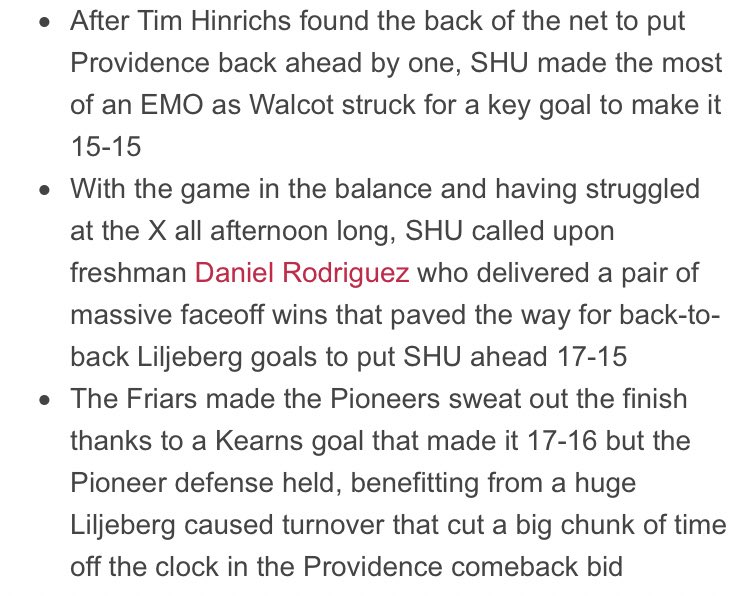 Congratulations to alum Danny Rodriguez ‘18 who saw his first collegiate action at the faceoff X for @SHUmenslax in yesterday’s big win over Providence! Danny had 5 big faceoff wins down the stretch to help the Pioneer’s grab the W! #NacNation #NextLevelSuccess #JustAKidFromBX
