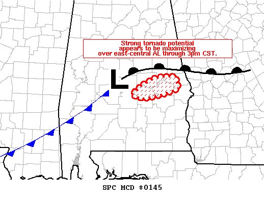 NStewWX's tweet photo. An hour and 20 minutes before significant tornadoes started touching down in Alabama, the @NWSSPC outlined an area most at risk for a #tornado.
"...it appears tornadogenesis will likely occur within the next 30-60 minutes with the possibility of a strong tornado occurring." #ALwx https://t.co/whVHo3QCoP