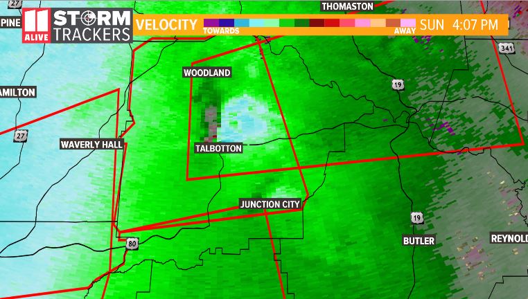 WesWeather's tweet photo. Radar scans as the tornado went through #Talbotton. That blue ball on the "debris finder" is likely pieces of homes lofted into the air. We warned of large damaging, tornadoes developing this afternoon and that happened. #gawx #storm11 https://t.co/H5etQ62ppT