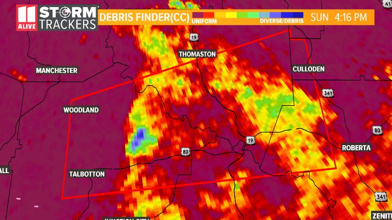 WesWeather's tweet photo. Radar scans as the tornado went through #Talbotton. That blue ball on the "debris finder" is likely pieces of homes lofted into the air. We warned of large damaging, tornadoes developing this afternoon and that happened. #gawx #storm11 https://t.co/H5etQ62ppT