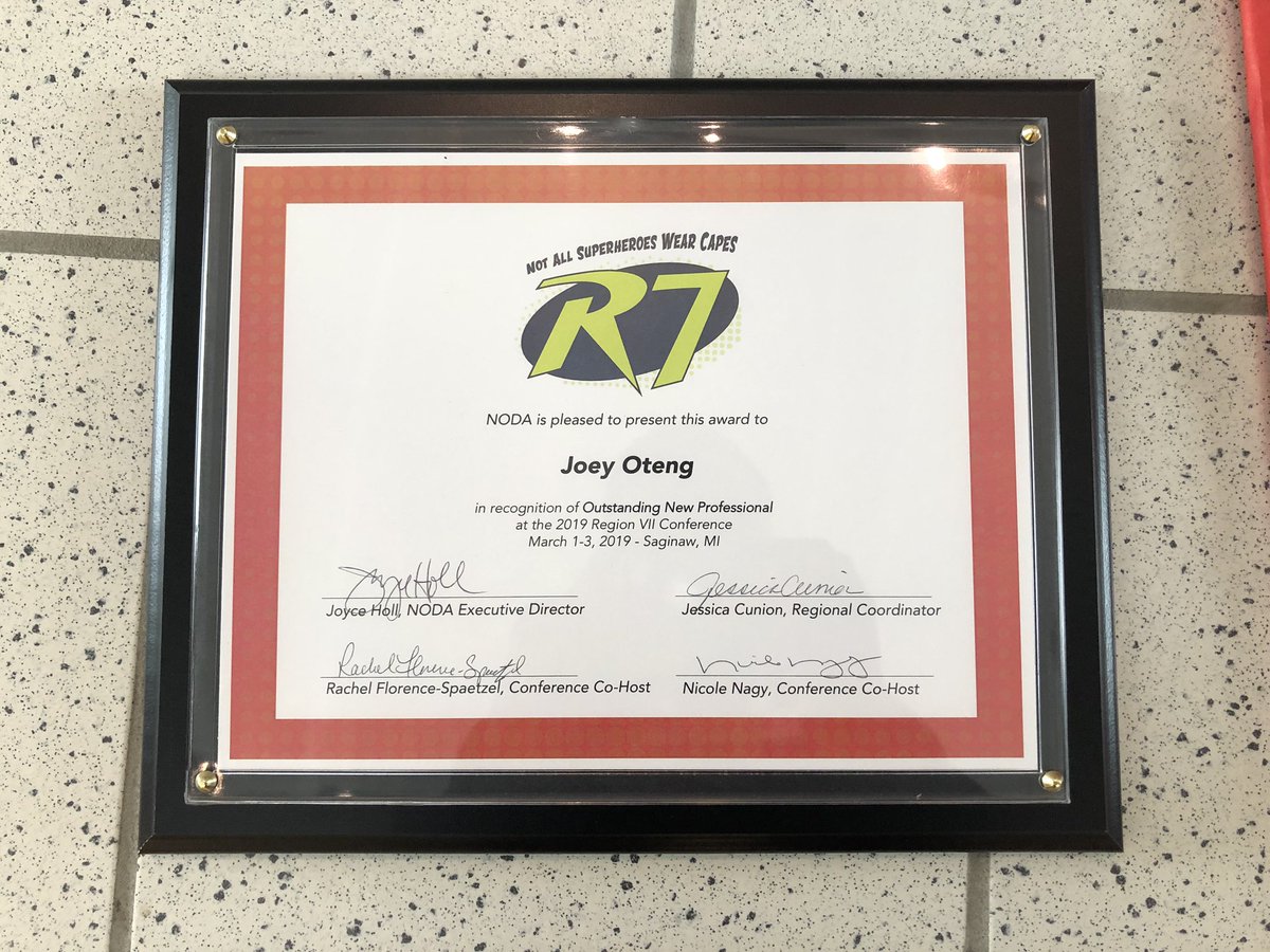 drjotengii's tweet photo. Floored. I was awarded Outstanding New Professional for NODA Region VII. Grateful to my colleagues and students who nominated me. Amazed and appreciate the work I get to do. #orientation #highered #saffairs https://t.co/pjReu6wmtd