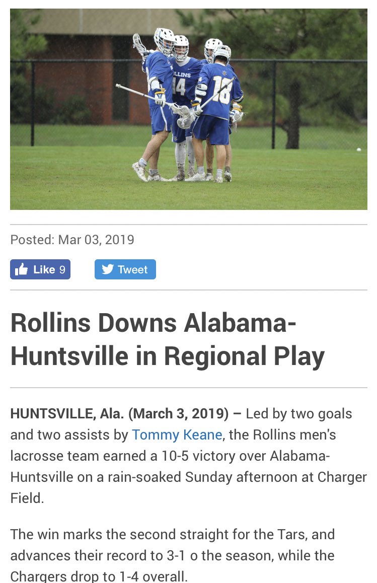 Congratulations to alum Tommy Keane ‘14 whose 2 goal, 2 assist performance led @RollinsSports to a win today over Alabama-Huntsville in a D2 contest. #NacNation #TK3 #NextLevelSuccess