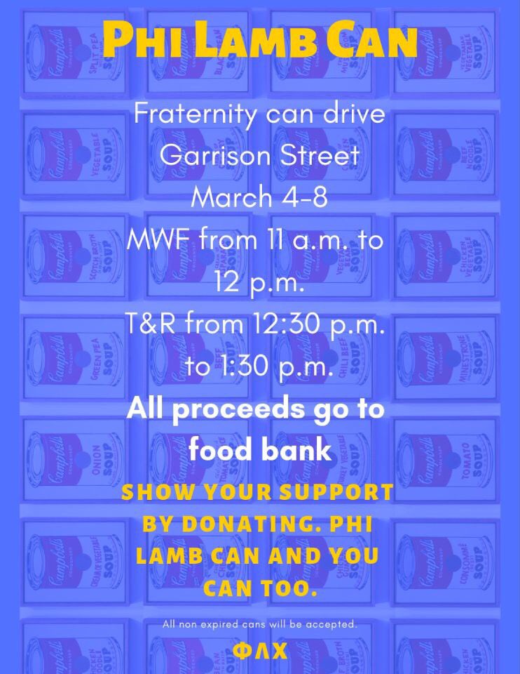 Phi_Lambda_Chi_'s tweet photo. Come donate any canned goods in the Garrison starting tomorrow through Friday in the Garrison! All proceeds will be donated to the Food Bank https://t.co/Ox5F7toxnT