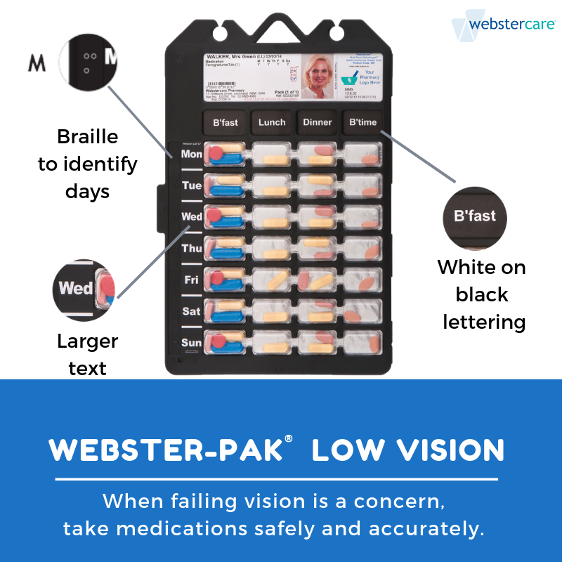 webstercare's tweet photo. Did you know Webstercare has a Low Vision (LV) Webster-pak® available?
This pack was designed specifically to assist people with low vision, and  was developed in consultation with Vision Australia.
Find out more at https://t.co/Shub8VaWn2 

#webstercare #websterpak #lowvision https://t.co/FKU5WPaykI