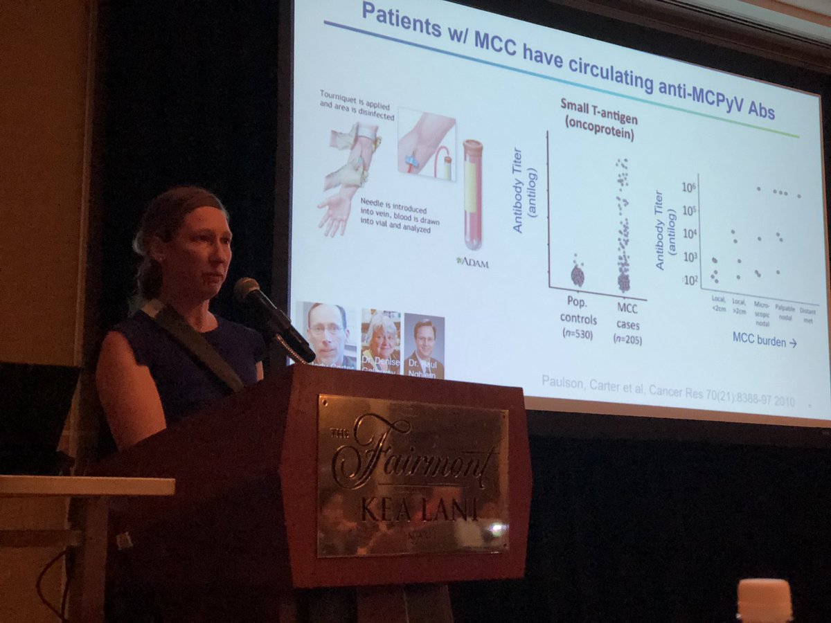 BernardAFox's tweet photo. *SLIDE SET 2* Dr @DrKellyPaulson #Merkel Cell Cancer #MCC GURU @fredhutch talks @agon_ox #DeepDive19 alt #ImmunoOnc19 in #Maui/#immunotherapy for MCC - going fast /history of virus/anti #PD1 approval & #adoptive #immunotherapy #FinishCancer https://t.co/YByU2YKjmz