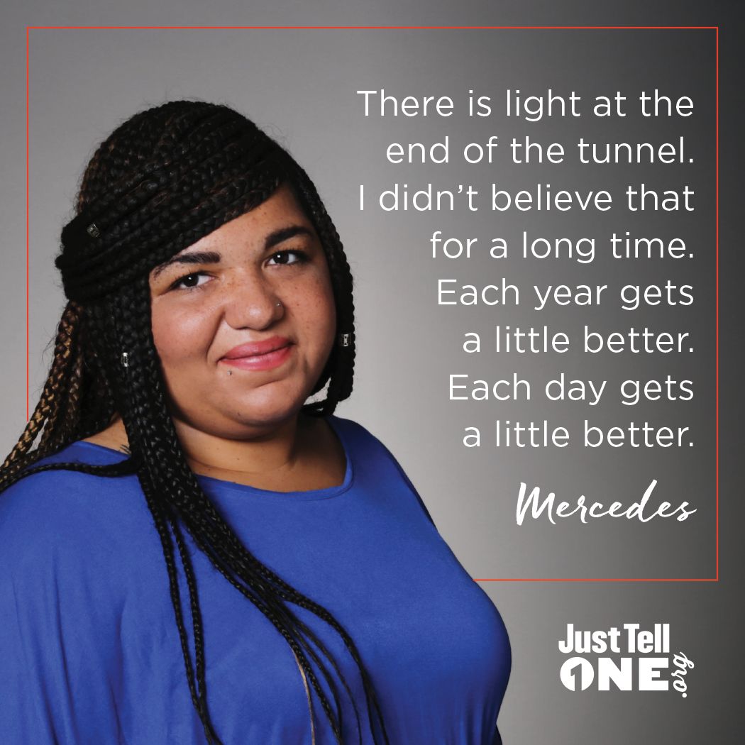 JustTellOne's tweet photo. Mercedes’ #JustTellOneTip: There is light at the end of the tunnel. Don’t give up hope. #mentalhealth #addiction https://t.co/qdaexg0DGL