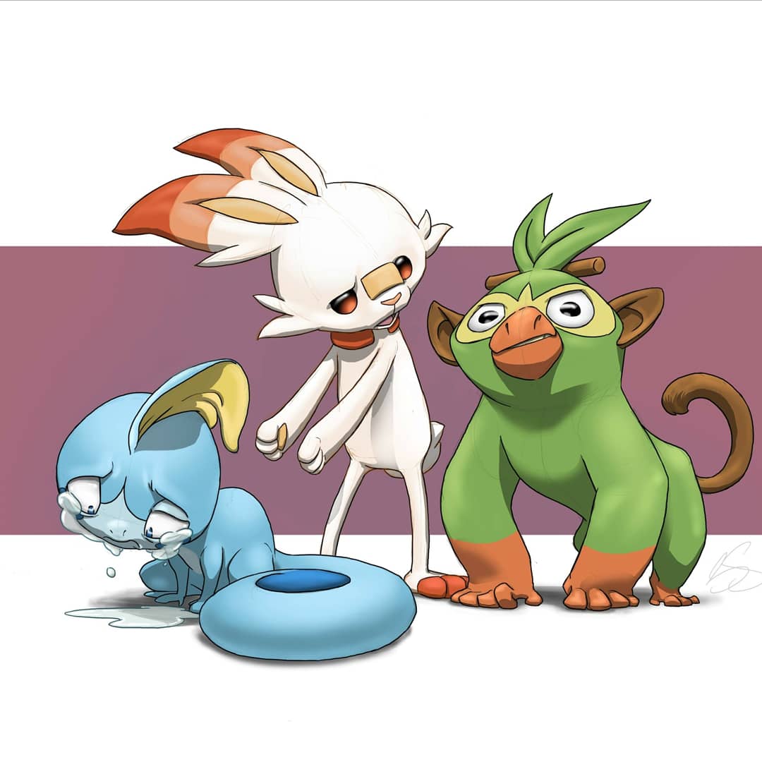 BenSwokla's tweet photo. Gen 8 finally announced! A quick drawing to celebrate. Who will you pick? #pokemon #PokemonSwordShield #Grookey #scorbunny #Sobble #starterpokemon https://t.co/9iuLHpT3Zj