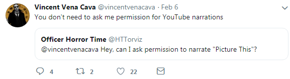 Creepy_Leaks's tweet photo. Screencapping this tweet by @VincentVenaCava in the event that he one day finds himself interested in asking for part of the profit from the channels who will now use his work freely for their own monetary gain. You know, like his pals do. #MrCreepyPasta #CreepyLeaks #CreepyPasta https://t.co/brRsZGZZmy
